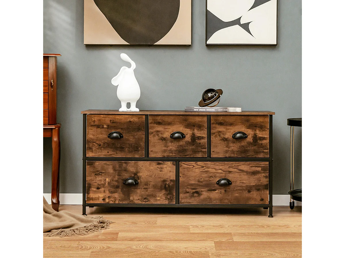Credenza con 5 cassetti – 100 x 30 x 54 cm – Marrone – Acciaio e tessuto
