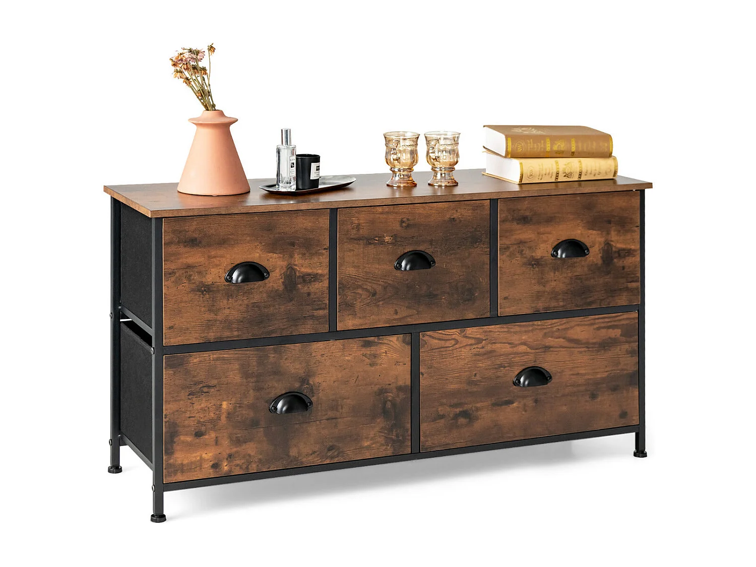 Credenza con 5 cassetti – 100 x 30 x 54 cm – Marrone – Acciaio e tessuto