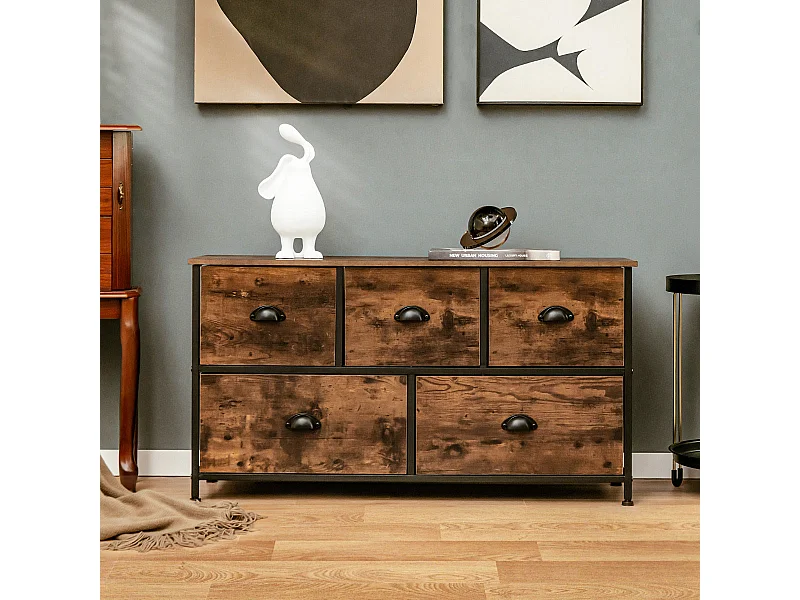 Credenza con 5 cassetti – 100 x 30 x 54 cm – Marrone – Acciaio e tessuto