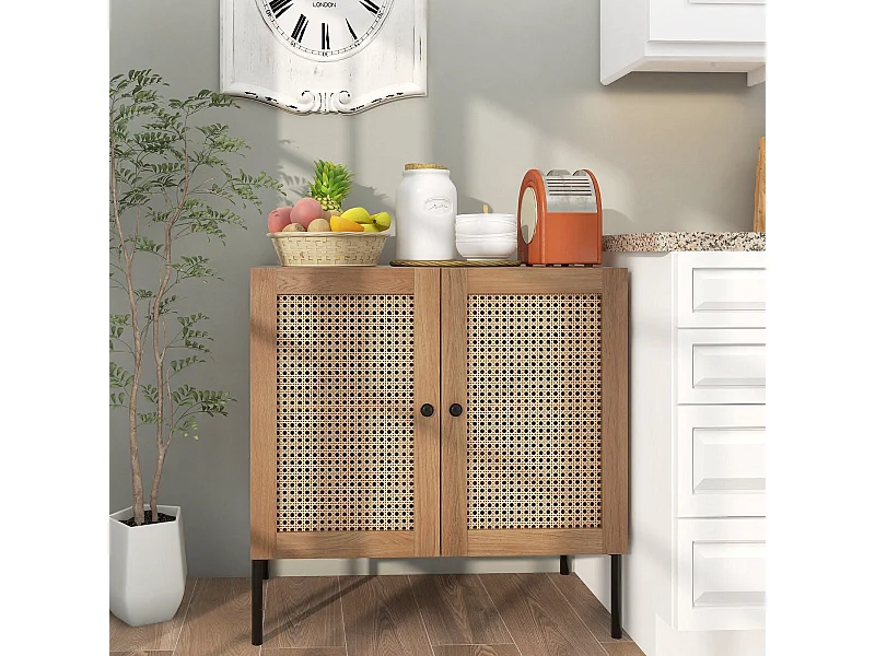 Buffet – 80 x 40 x 80 cm – Chêne – Rotin et métal