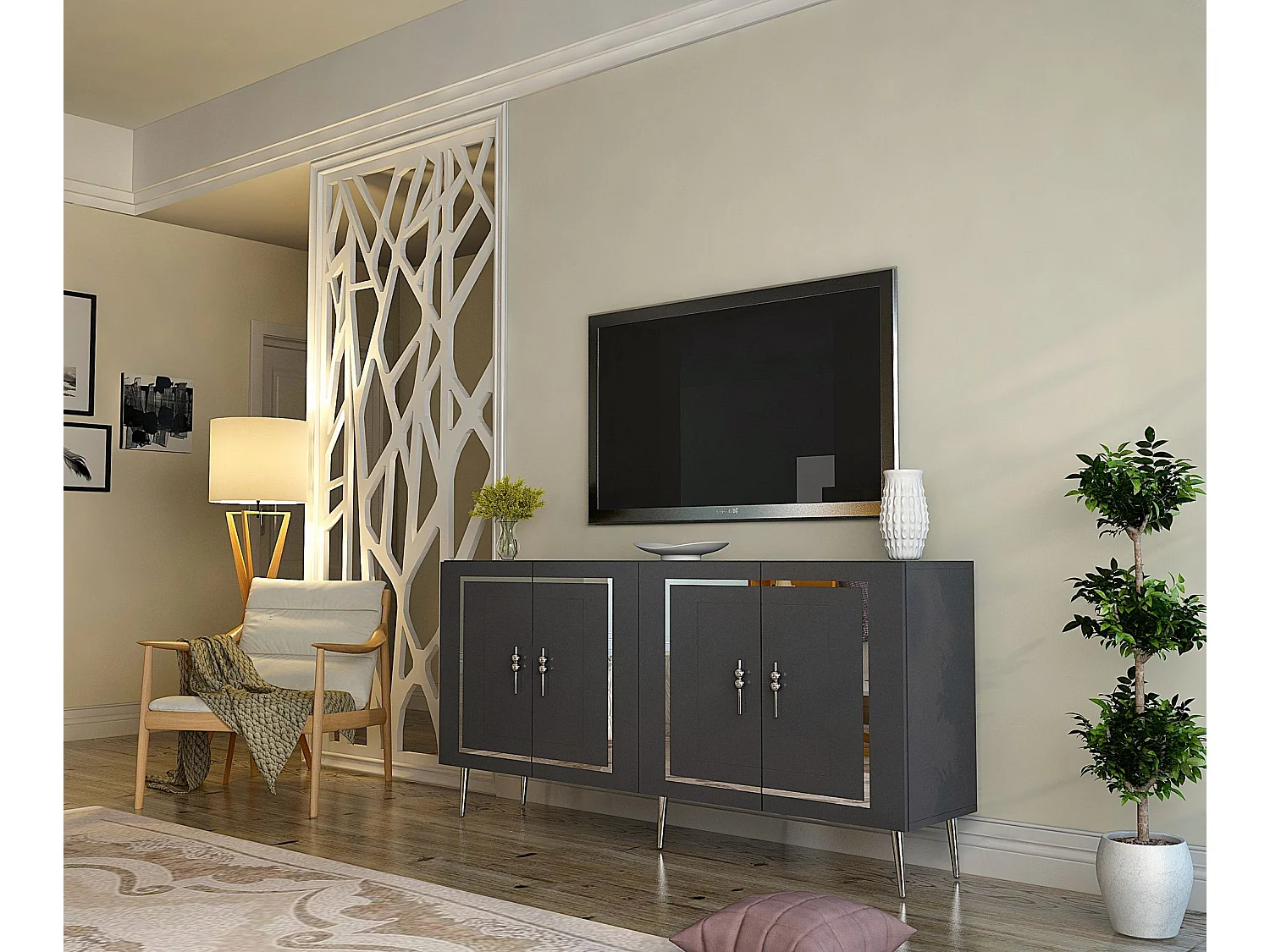 Komoda – 150 cm x 75 cm x 35 cm – Antracyt i srebro – Płyta wiórowa z powłoką melaminową