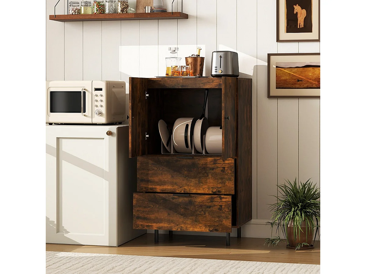 Credenza con 2 cassetti e anta a ribalta, mobile contenitore indipendente con gambe in metallo rialzate, 60 x 41,5 x 102 cm, marrone