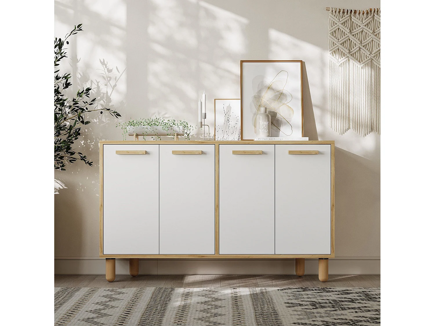 Aparador – 120 cm x 73,6 cm x 29,6 cm – Roble Zafiro y Blanco – Tablero de partículas recubierto de melamina