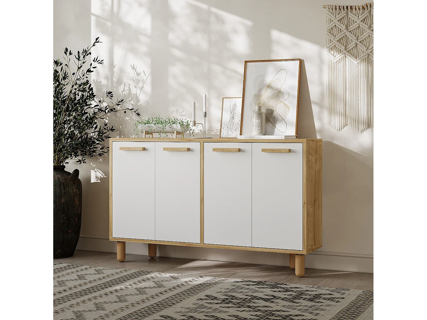 Aparador – 120 cm x 73,6 cm x 29,6 cm – Roble Zafiro y Blanco – Tablero de partículas recubierto de melamina