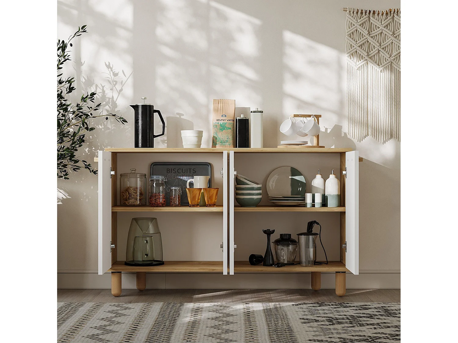 Aparador – 120 cm x 73,6 cm x 29,6 cm – Roble Zafiro y Blanco – Tablero de partículas recubierto de melamina