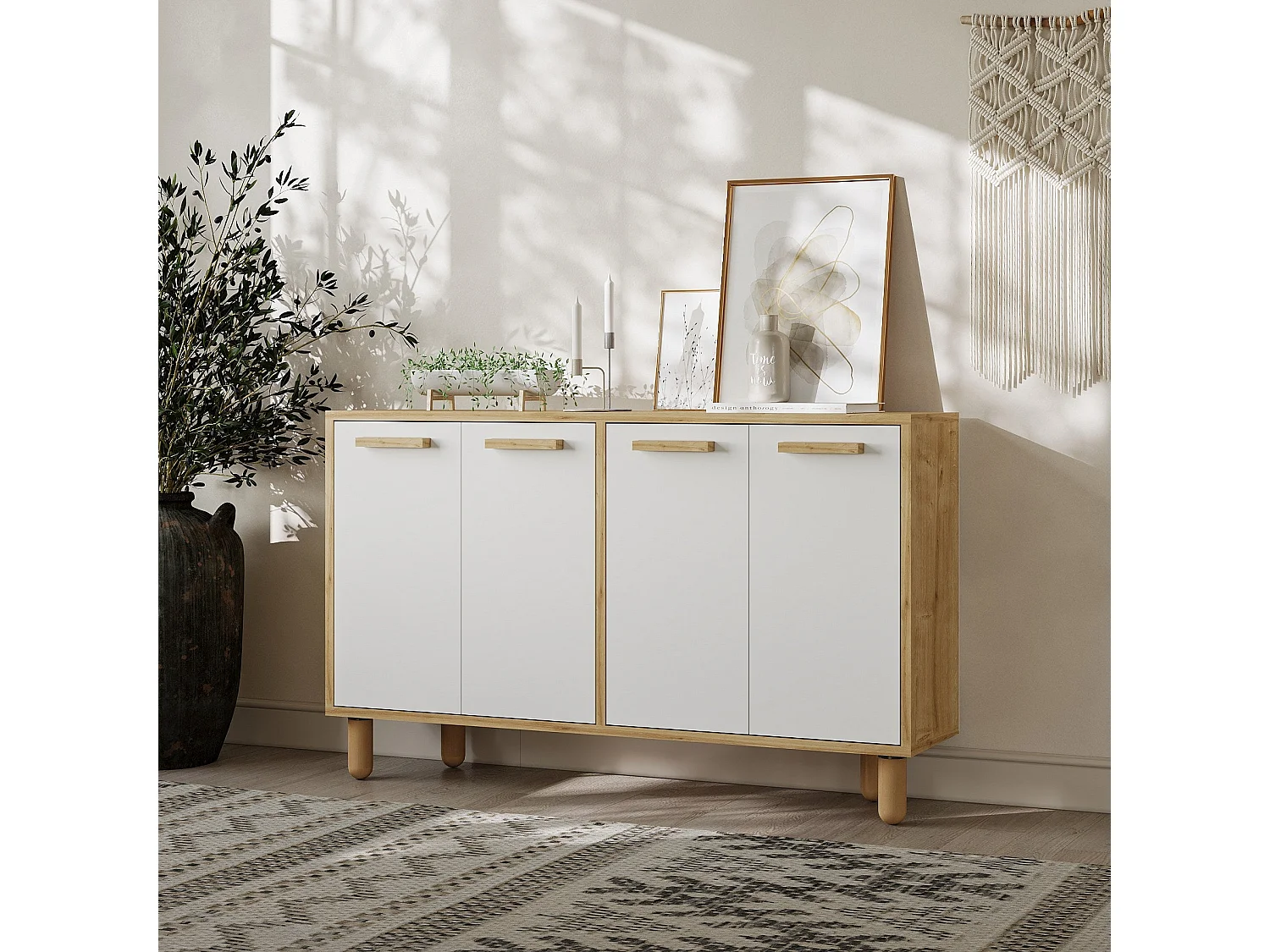 Aparador – 120 cm x 73,6 cm x 29,6 cm – Roble Zafiro y Blanco – Tablero de partículas recubierto de melamina