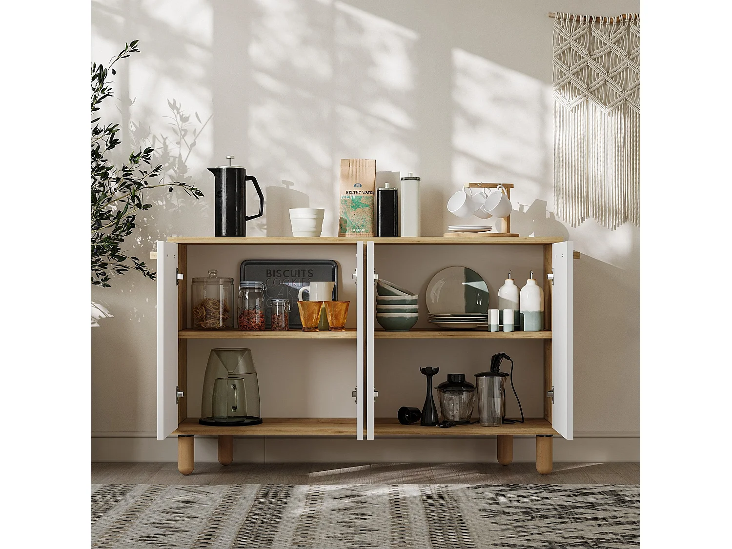 Aparador – 120 cm x 73,6 cm x 29,6 cm – Roble Zafiro y Blanco – Tablero de partículas recubierto de melamina