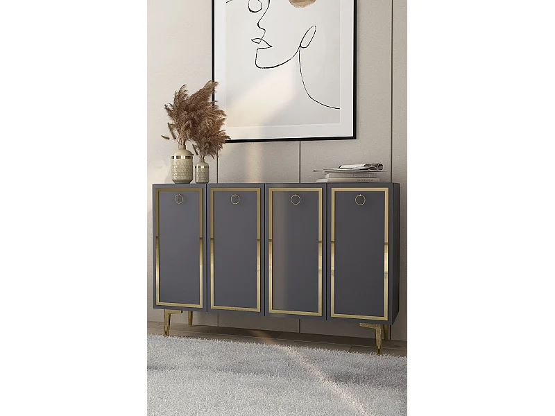 Komoda – 120 cm x 75 cm x 29,6 cm – Antracyt i złoto – Płyta wiórowa