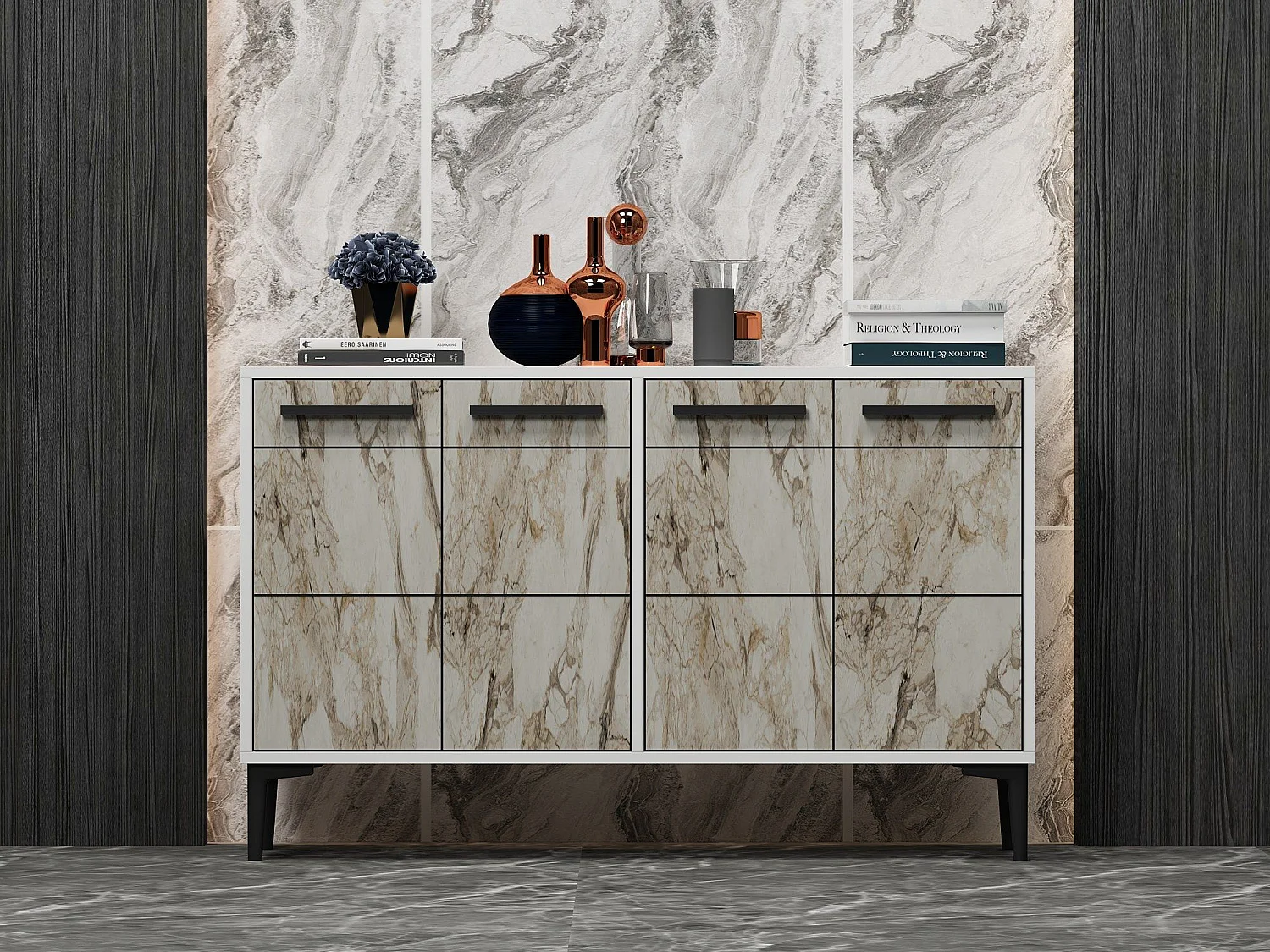 Buffet Alnitak 120cm Effet marbre Blanc et Blanc