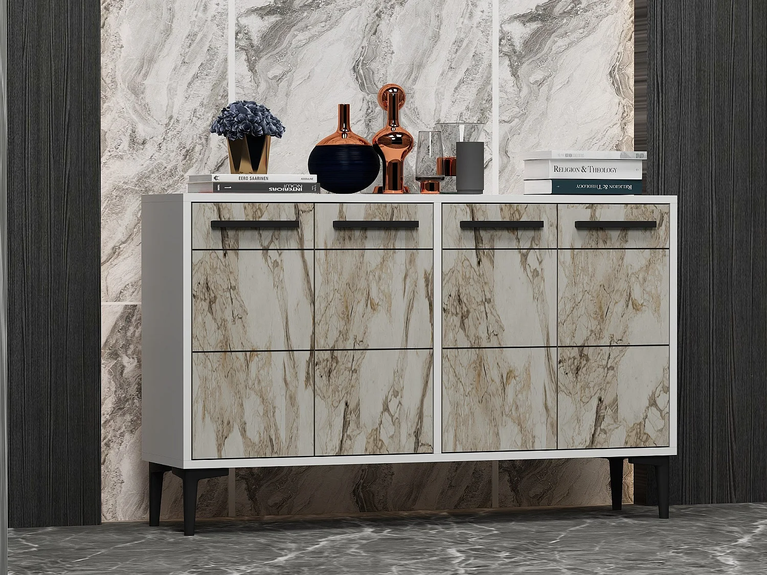 Buffet Alnitak 120cm Effet marbre Blanc et Blanc