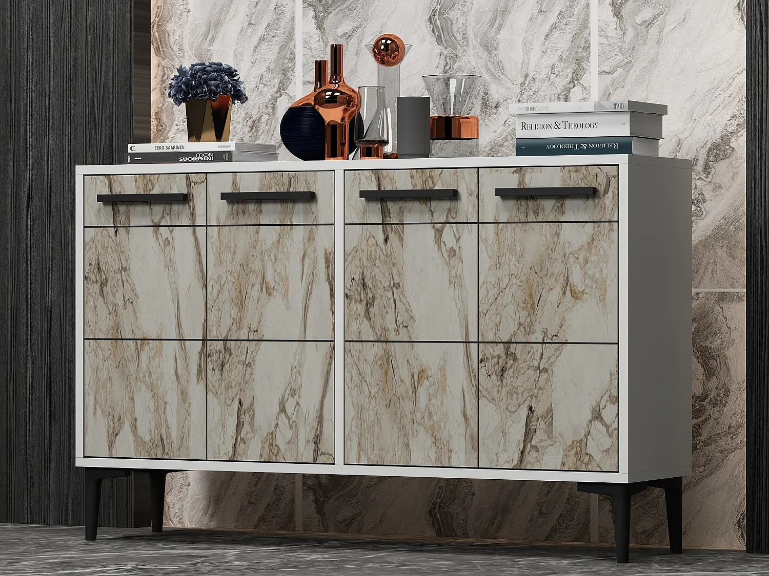 Buffet Alnitak 120cm Effet marbre Blanc et Blanc