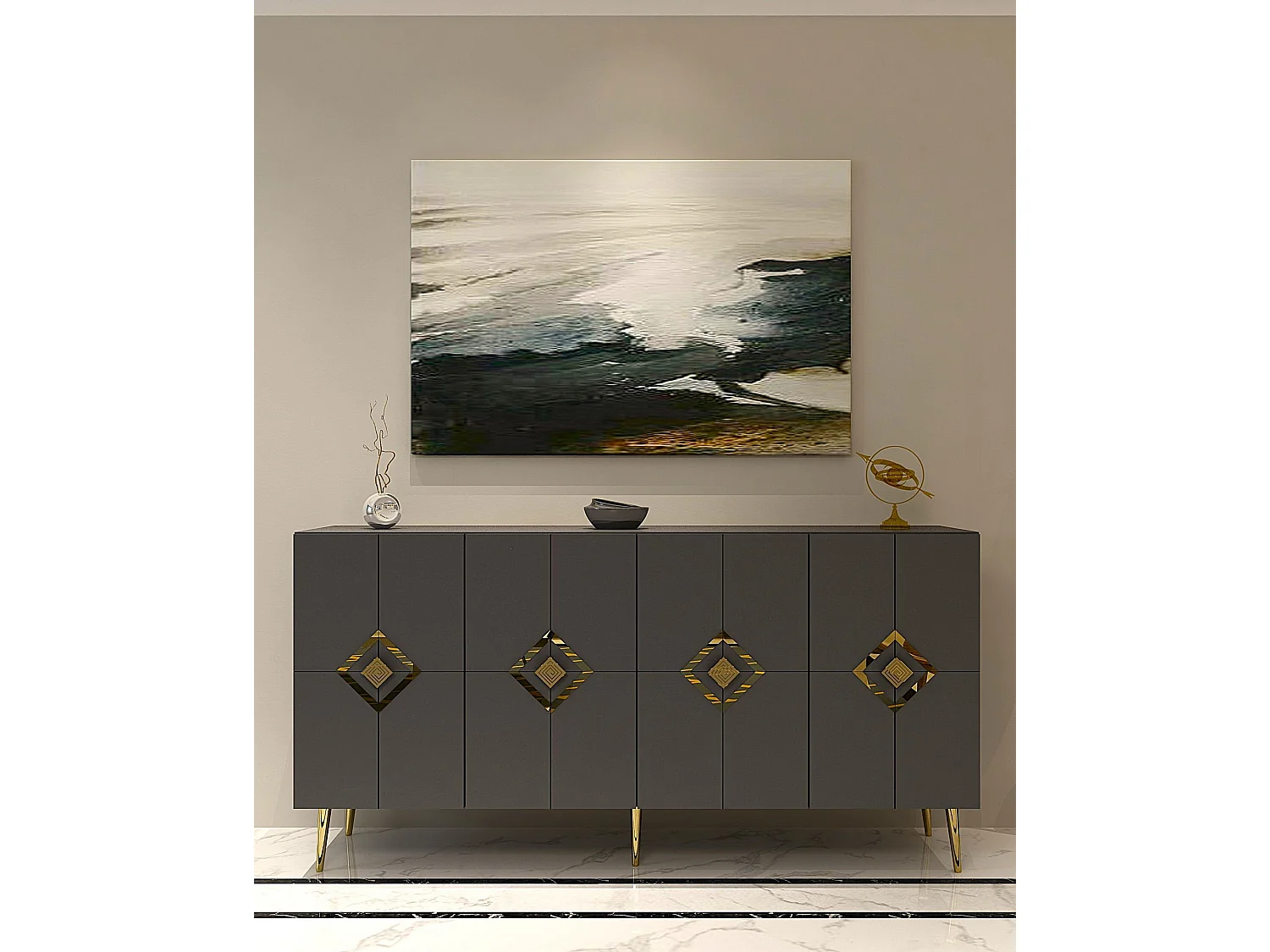 Aparador – 150 cm x 75 cm x 35 cm – Antracite e Ouro – Painel de Partículas Revestido em Melamina