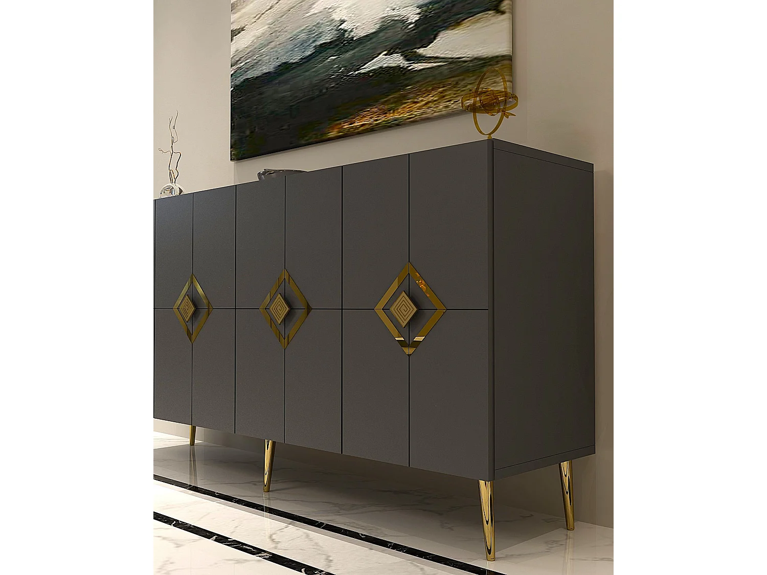 Aparador – 150 cm x 75 cm x 35 cm – Antracite e Ouro – Painel de Partículas Revestido em Melamina