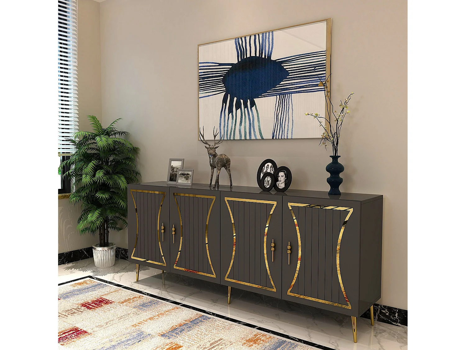 Credenza – 150 cm x 75 cm x 35 cm – Antracite e Oro – Truciolato