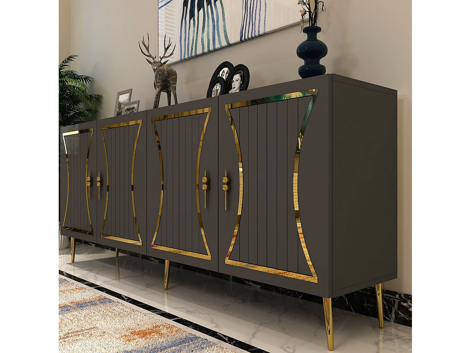 Credenza – 150 cm x 75 cm x 35 cm – Antracite e Oro – Truciolato