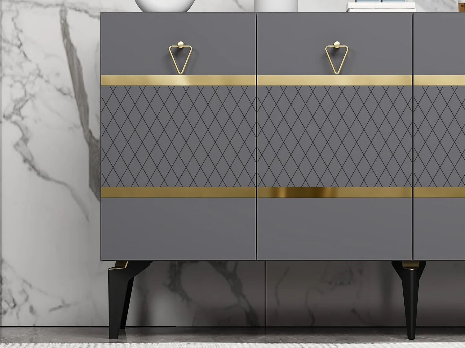 Komoda z płyty wiórowej pokrytej melaminą – 150 cm x 79 cm x 40 cm – antracyt i złoto
