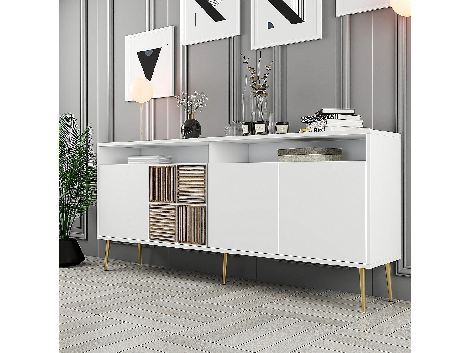 Dressoir – 180 x 77 x 35 cm – Wit en goud – Spaanplaat gecoat met melamine