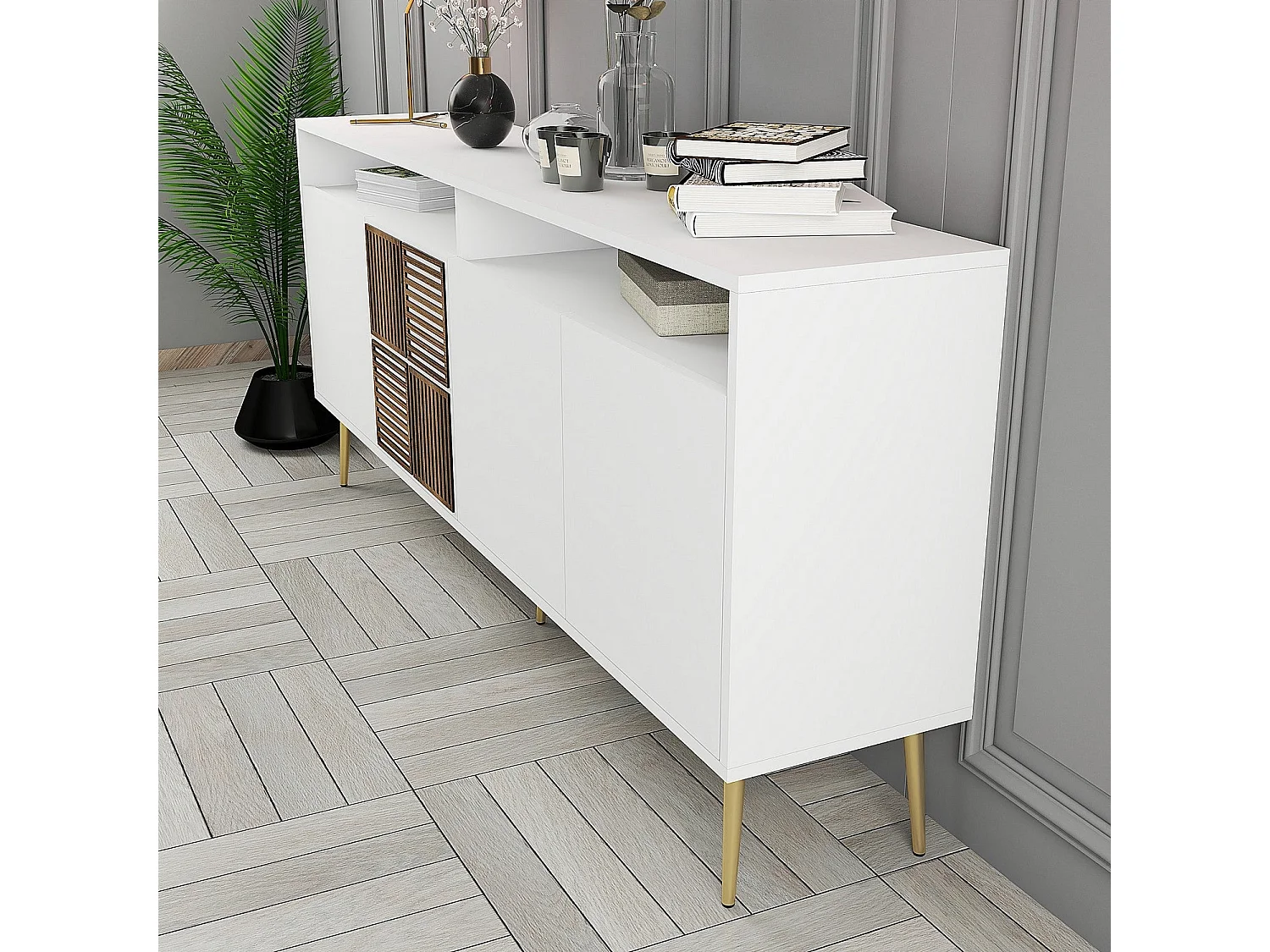 Dressoir – 180 x 77 x 35 cm – Wit en goud – Spaanplaat gecoat met melamine