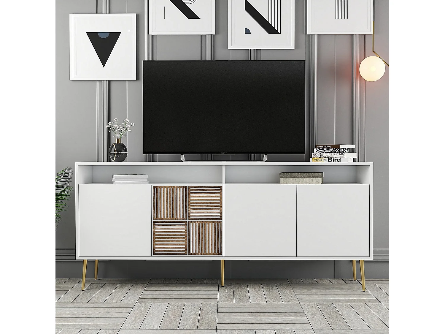 Dressoir – 180 x 77 x 35 cm – Wit en goud – Spaanplaat gecoat met melamine