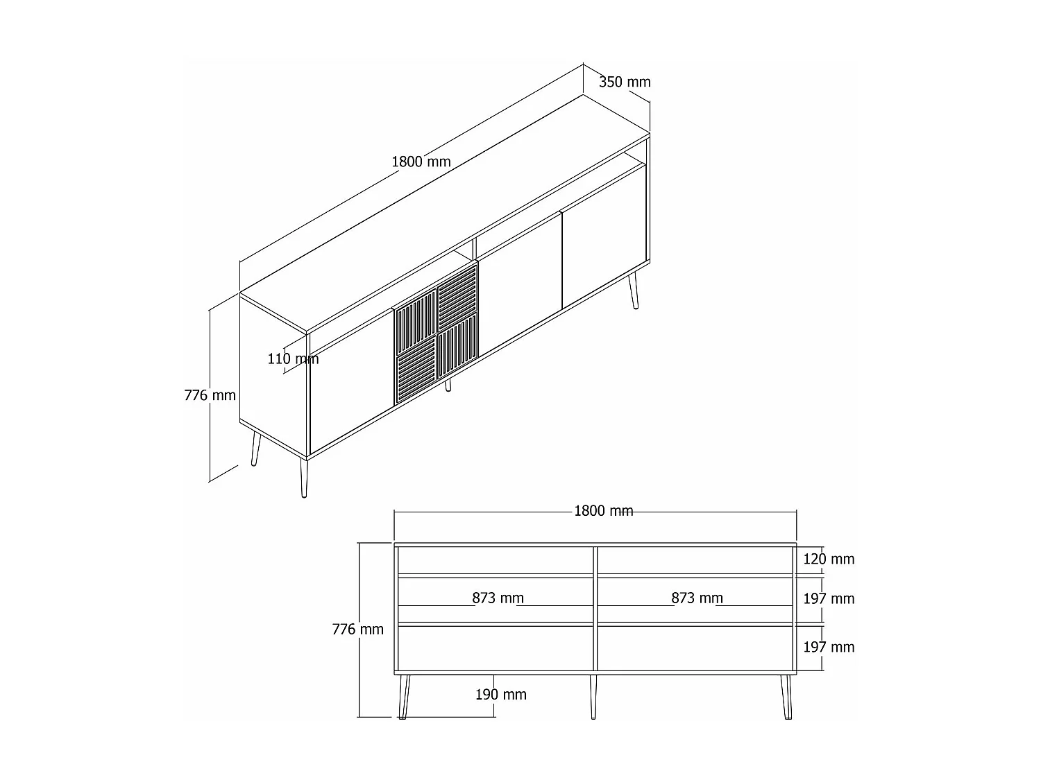 Dressoir – 180 x 77 x 35 cm – Wit en goud – Spaanplaat gecoat met melamine
