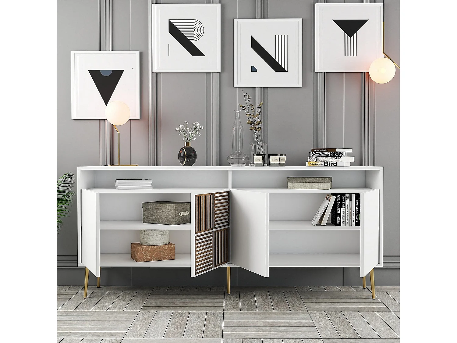 Dressoir – 180 x 77 x 35 cm – Wit en goud – Spaanplaat gecoat met melamine