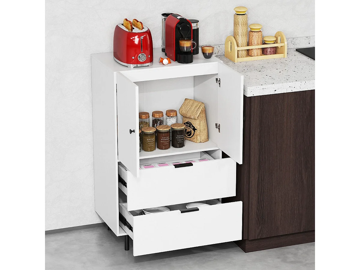Buffet avec 2 tiroirs et porte d'armoire, meuble de rangement indépendant avec pieds métalliques surélevés, 60 x 41,5 x 102 cm, blanc