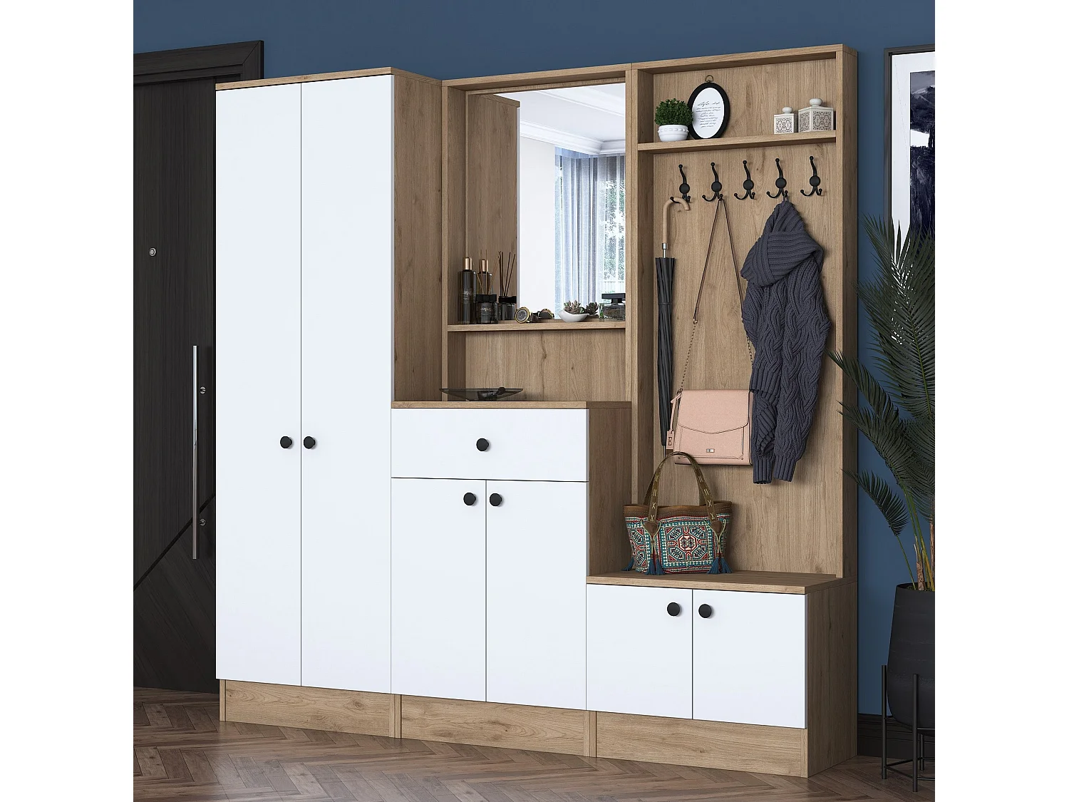 Aparador de recibidor – 179,4 x 182,8 x 37,5 cm – Blanco y nogal – Tablero aglomerado E1 revestido con melamina