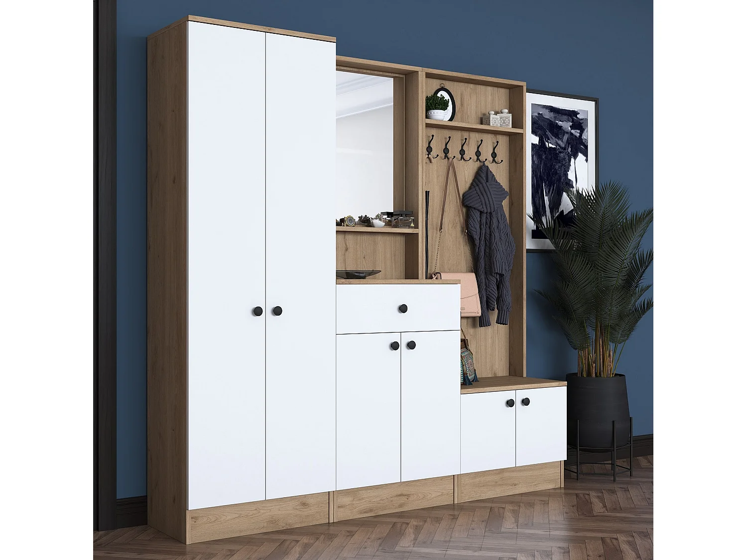 Aparador de recibidor – 179,4 x 182,8 x 37,5 cm – Blanco y nogal – Tablero aglomerado E1 revestido con melamina