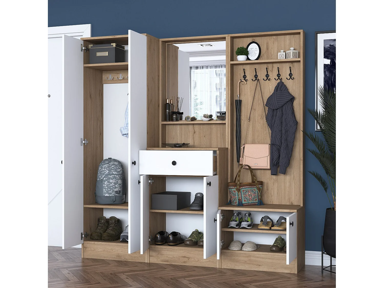 Aparador de recibidor – 179,4 x 182,8 x 37,5 cm – Blanco y nogal – Tablero aglomerado E1 revestido con melamina