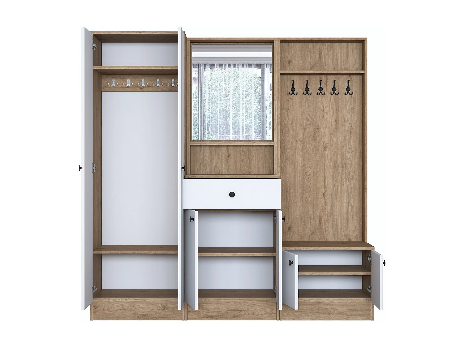 Aparador de recibidor – 179,4 x 182,8 x 37,5 cm – Blanco y nogal – Tablero aglomerado E1 revestido con melamina