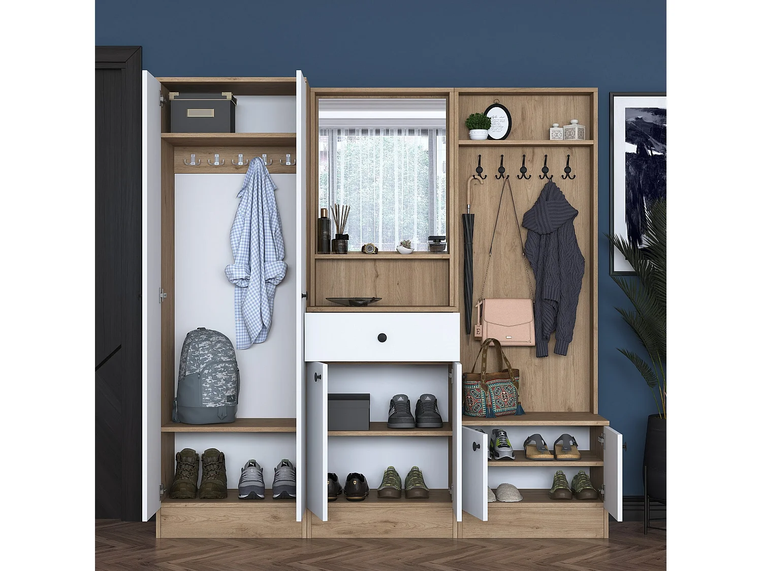 Flur-Sideboard – 179,4 x 182,8 x 37,5 cm – Weiß und Walnuss – E1-Spanplatte mit Melaminbeschichtung
