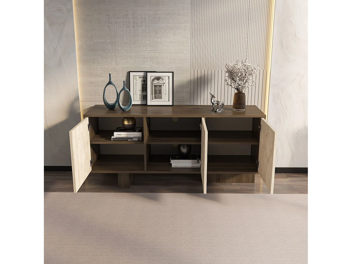 Buffet – 150 cm x 51,5 cm x 45 cm – Noyer et travertin – MDF