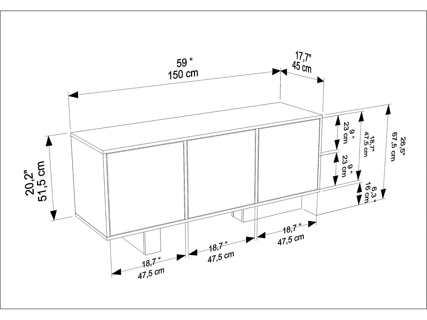 Buffet – 150 cm x 51,5 cm x 45 cm – Noyer et travertin – MDF