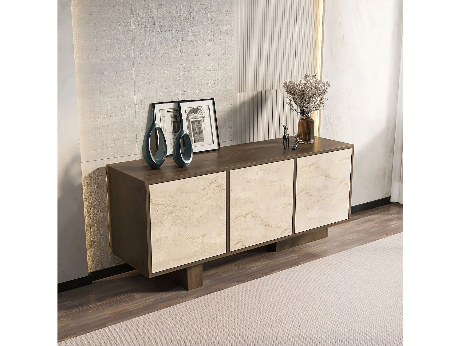 Buffet – 150 cm x 51,5 cm x 45 cm – Noyer et travertin – MDF