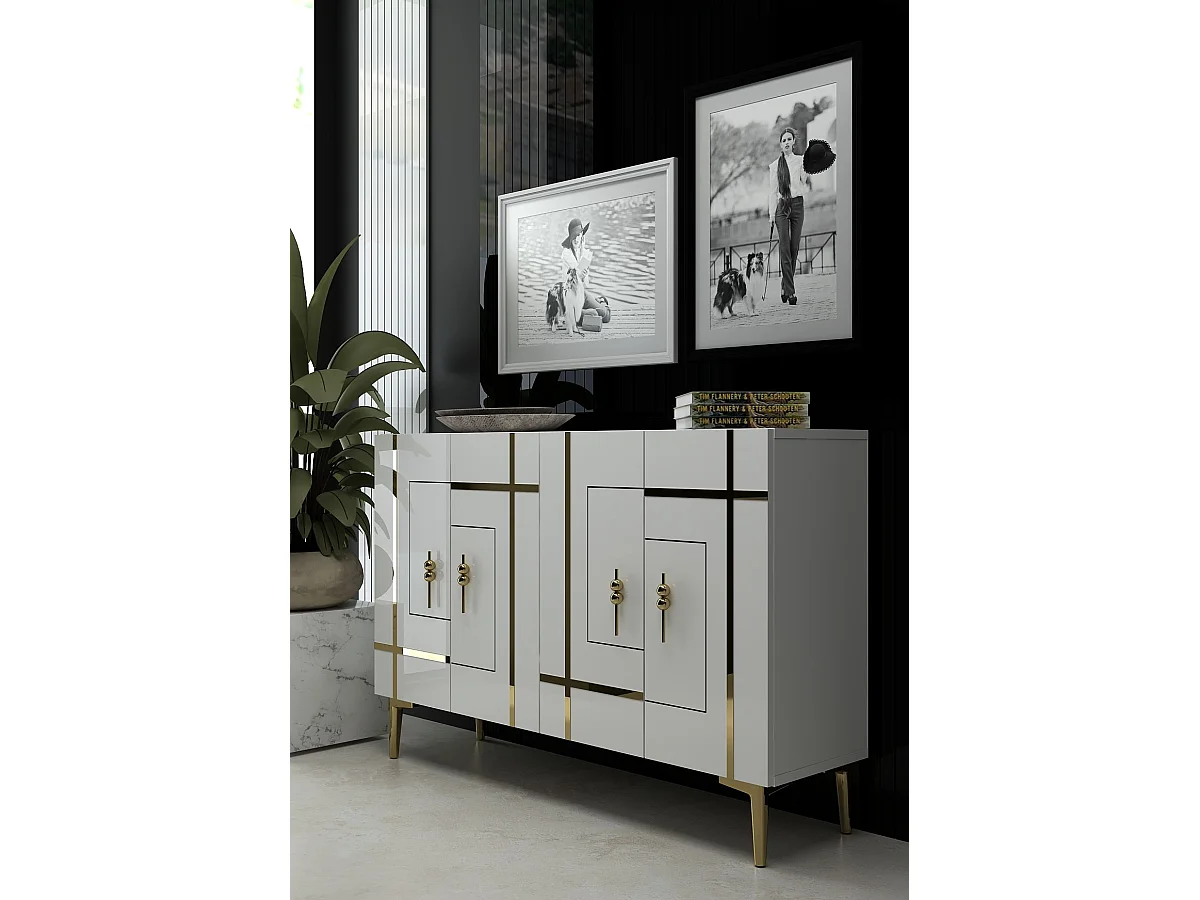 Credenza – 120 cm x 80 cm – Bianco e oro – Pannello truciolare rivestito in melaminico