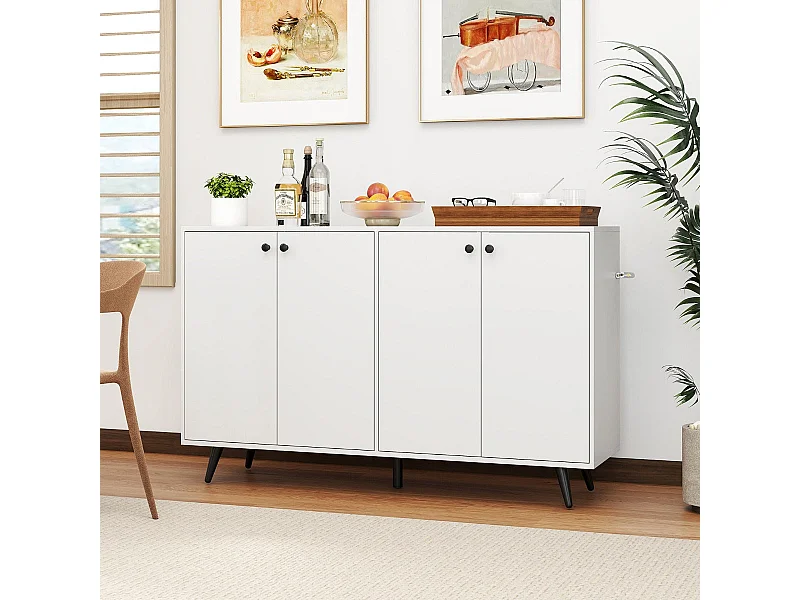 Credenza moderna a 4 ante con ripiani regolabili in 5 posizioni, mobiletto da appoggio, 127,5 x 38 x 80 cm, bianco