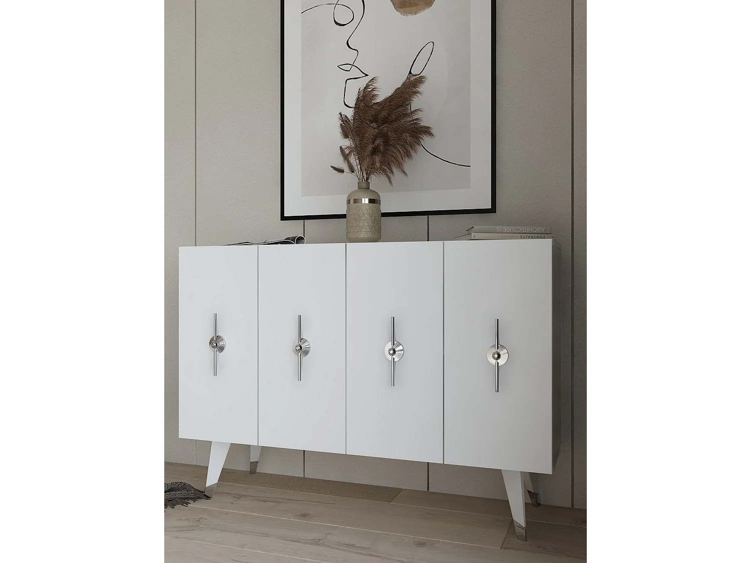 Dressoir – 120 cm x 80 cm x 29,6 cm – Zilver en wit – Spaanplaat met melamine