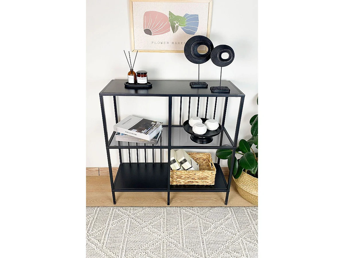 Sideboard – 80 cm x 90 cm x 30 cm – Schwarz und Rauch – Eichenholzspanplatte und Metall