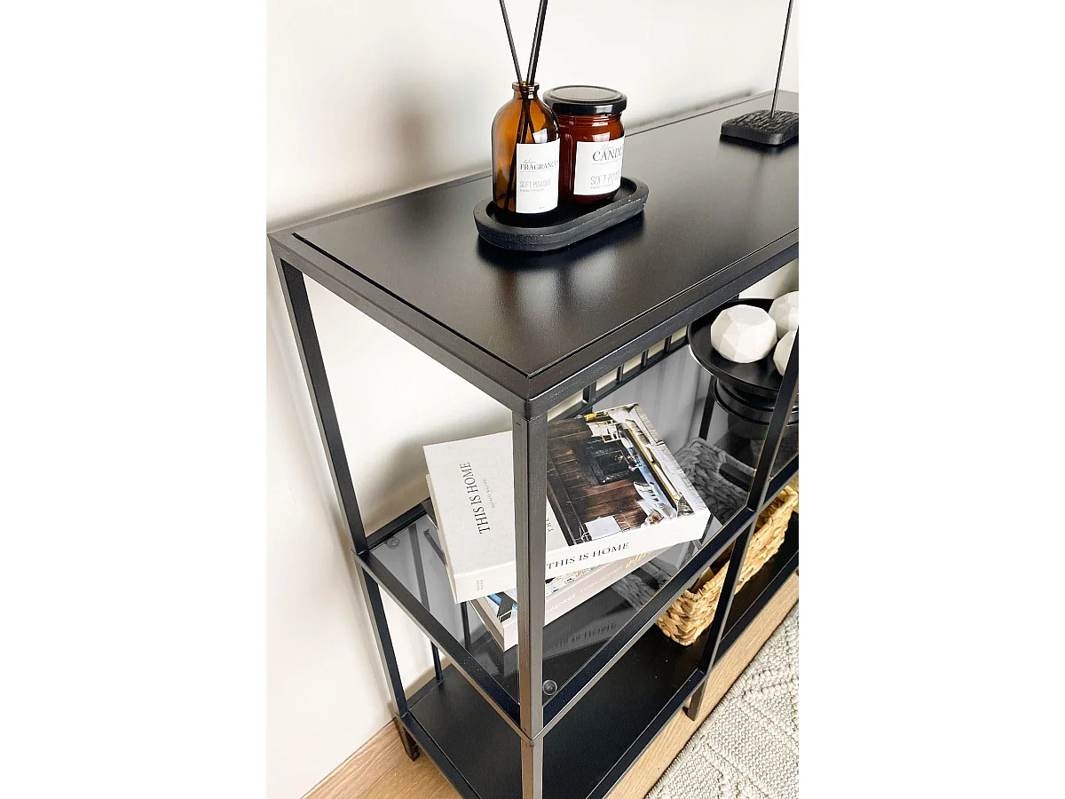 Sideboard – 80 cm x 90 cm x 30 cm – Schwarz und Rauch – Eichenholzspanplatte und Metall