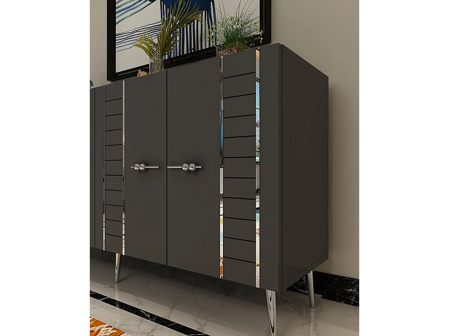 Komoda – 150 cm x 75 cm x 35 cm – Antracyt i srebro – Cząsteczki drewna z melaminą