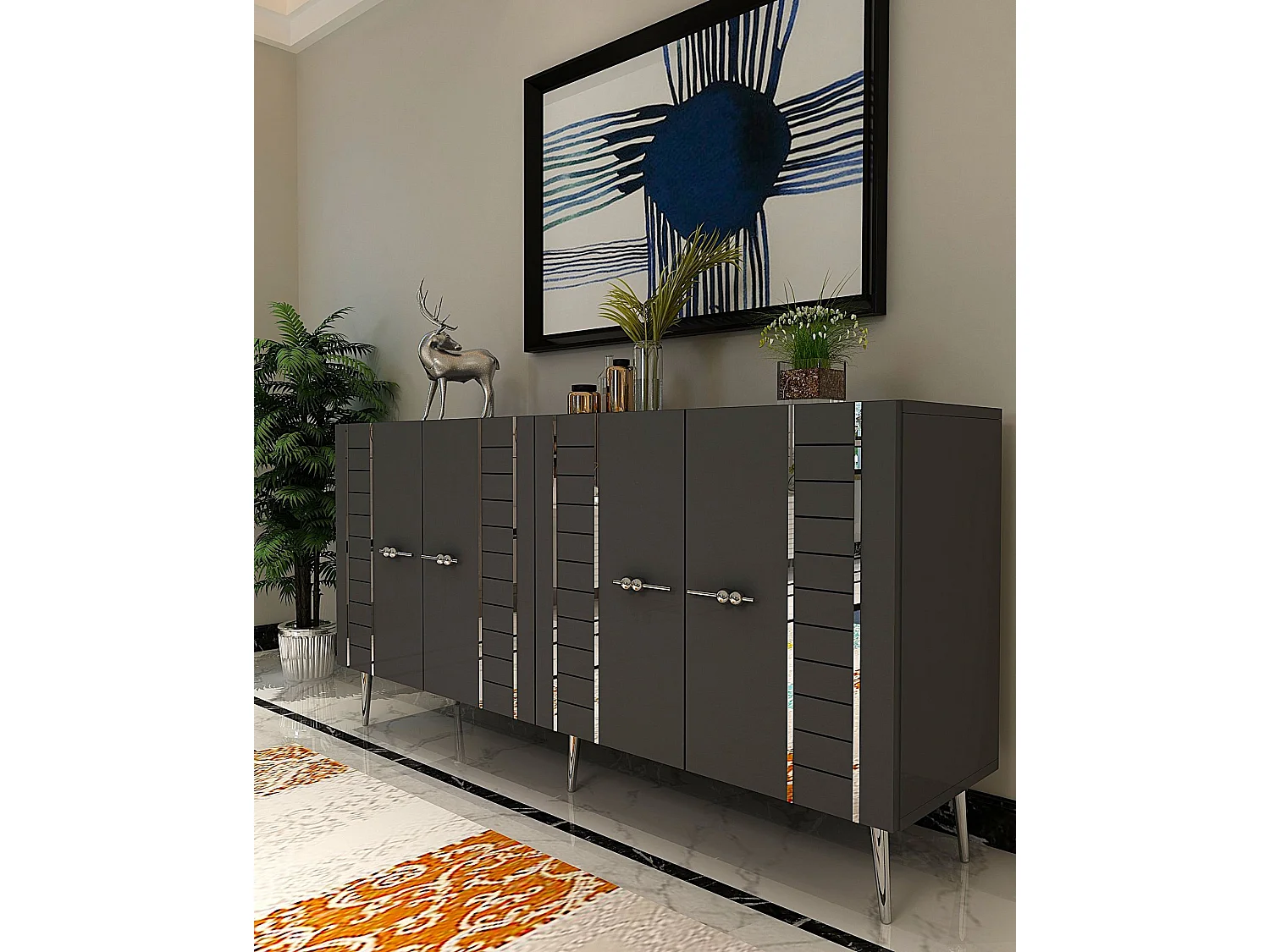 Komoda – 150 cm x 75 cm x 35 cm – Antracyt i srebro – Cząsteczki drewna z melaminą