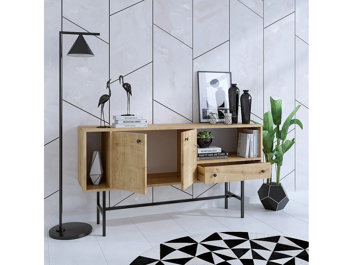 Buffet – 150 cm x 80 cm x 40 cm – Chêne Saphir et Noir – Panneau de particules mélaminé