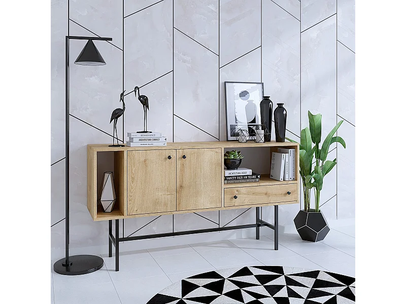 Buffet – 150 cm x 80 cm x 40 cm – Chêne Saphir et Noir – Panneau de particules mélaminé