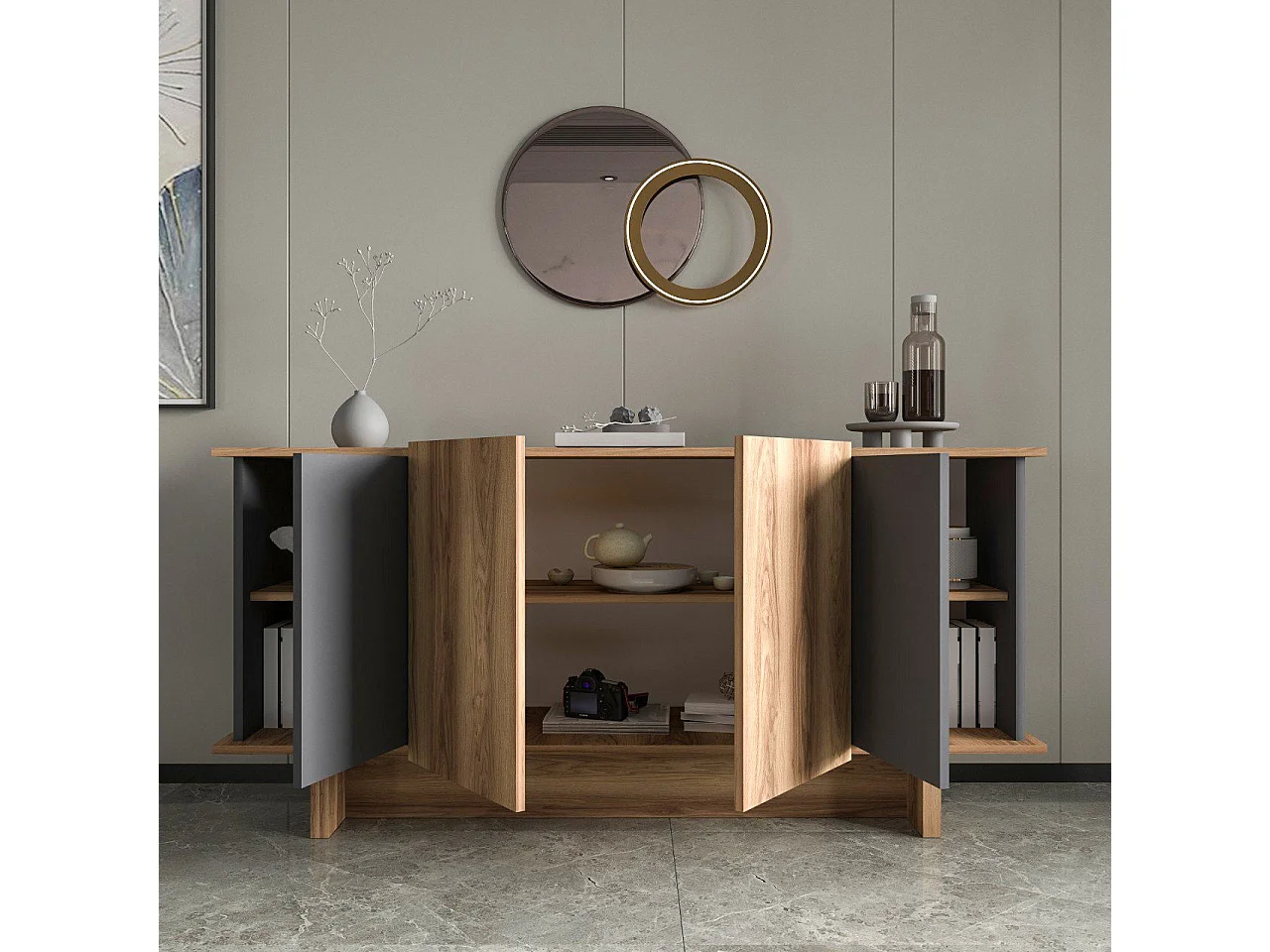 Komoda – 180x81x40 cm – Antracyt/Orzech – Płyta wiórowa