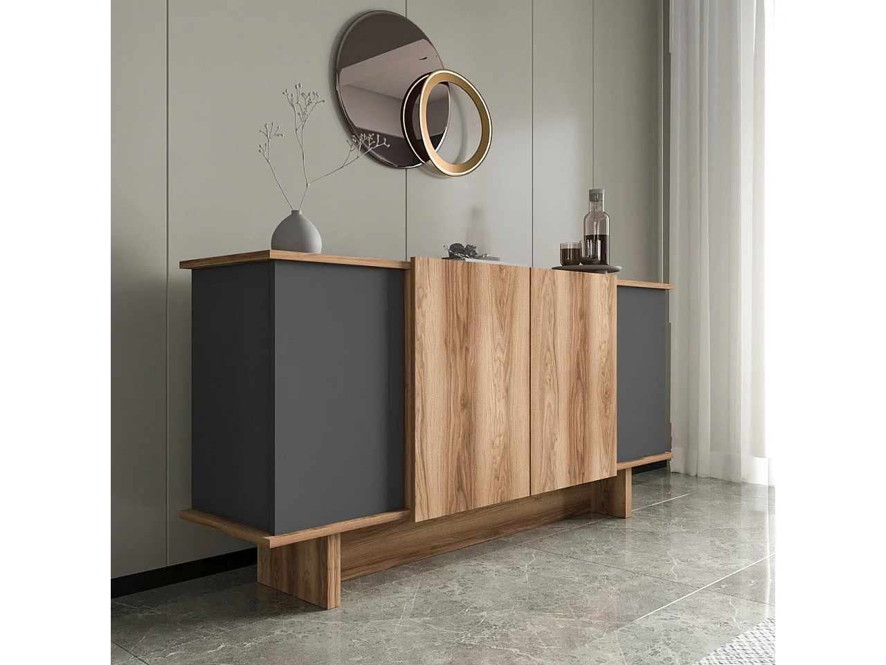 Komoda – 180x81x40 cm – Antracyt/Orzech – Płyta wiórowa