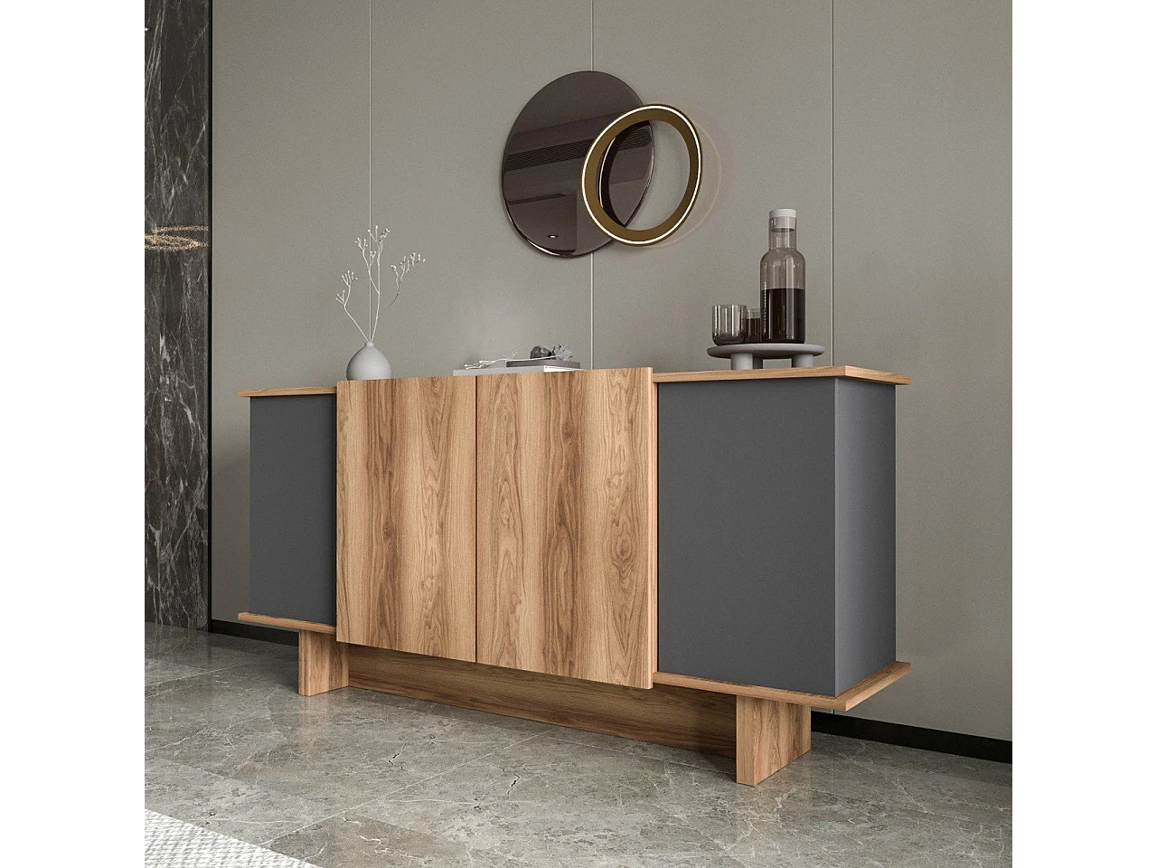 Komoda – 180x81x40 cm – Antracyt/Orzech – Płyta wiórowa