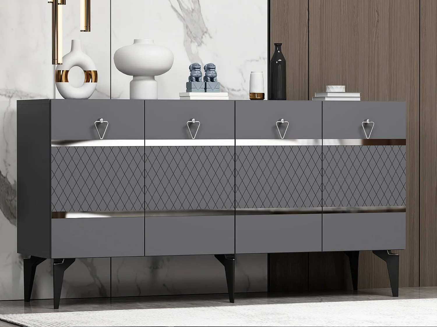 Komoda – 150 cm x 79 cm x 40 cm – Antracyt i srebro – Płyta wiórowa