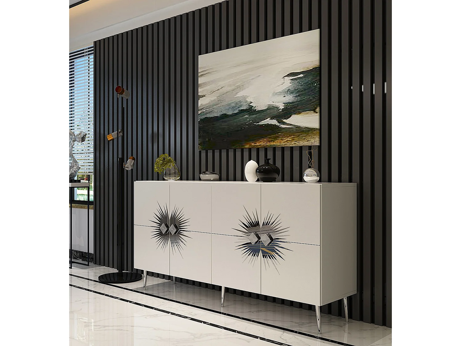 Credenza – 150 cm – Bianco e Argento – Pannello di particelle rivestito in melaminico