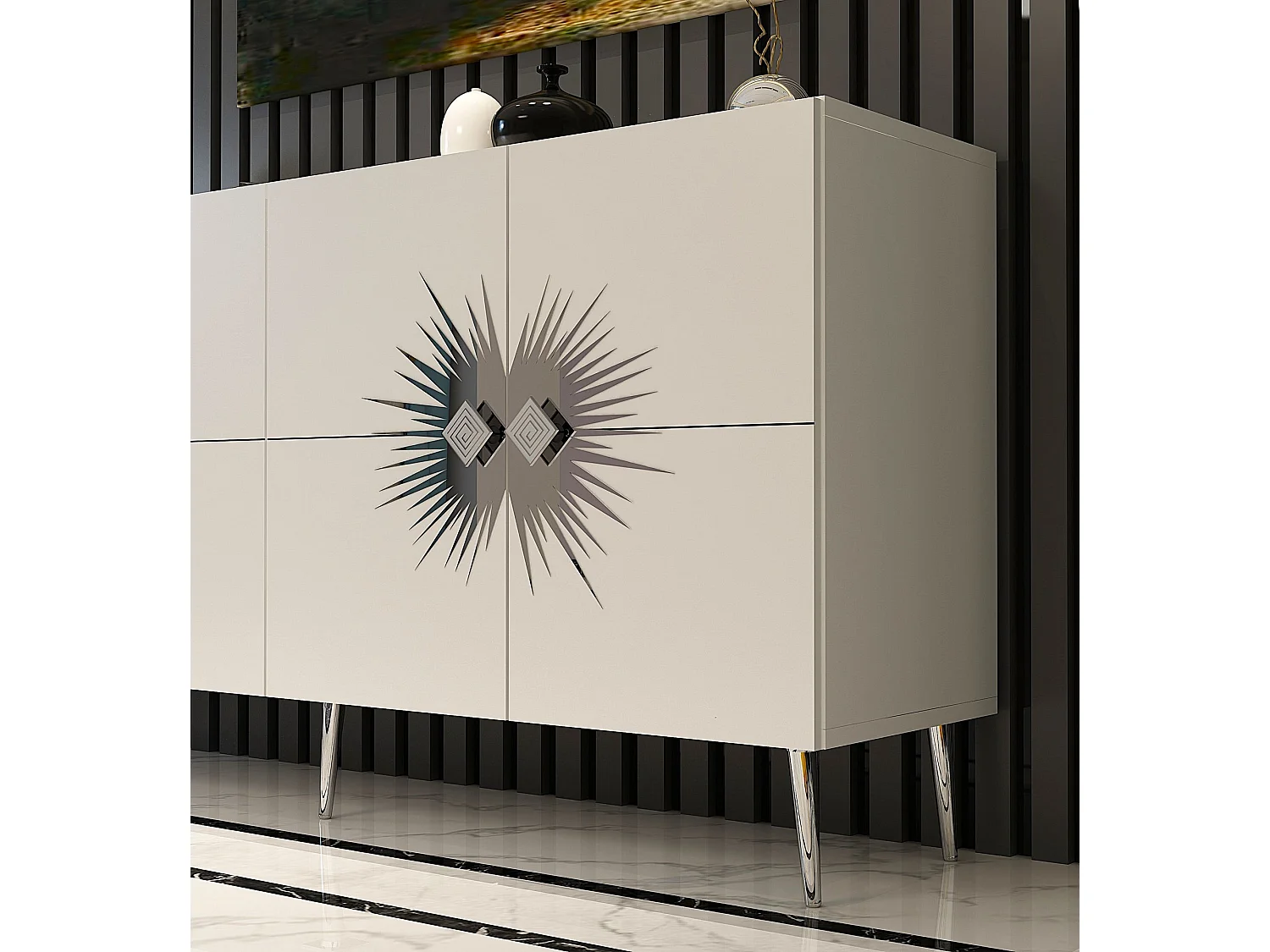 Credenza – 150 cm – Bianco e Argento – Pannello di particelle rivestito in melaminico
