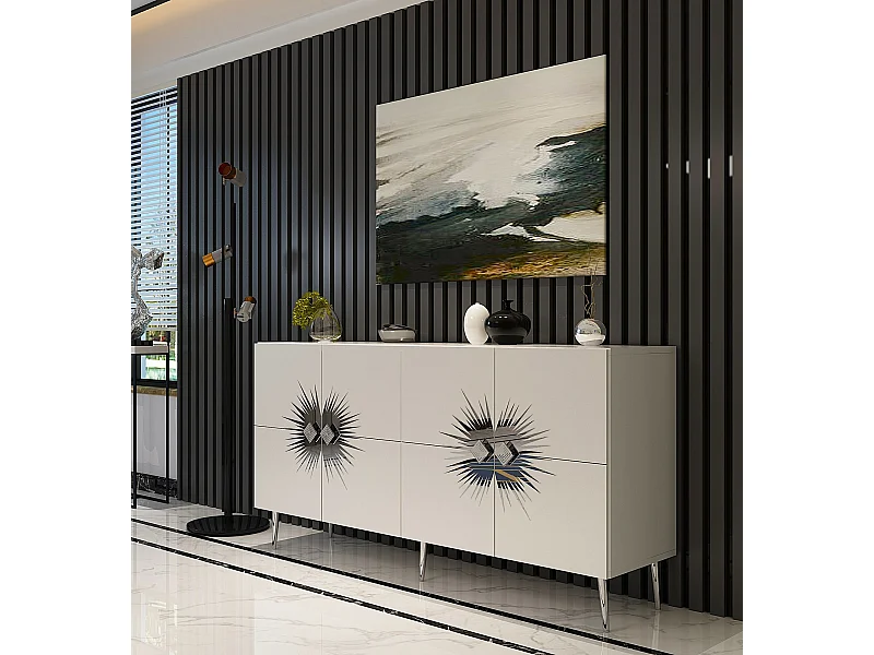 Credenza – 150 cm – Bianco e Argento – Pannello di particelle rivestito in melaminico